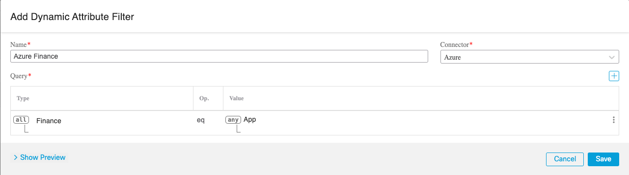 Sample Azure dynamic attributes filter that finds the Finance app tag