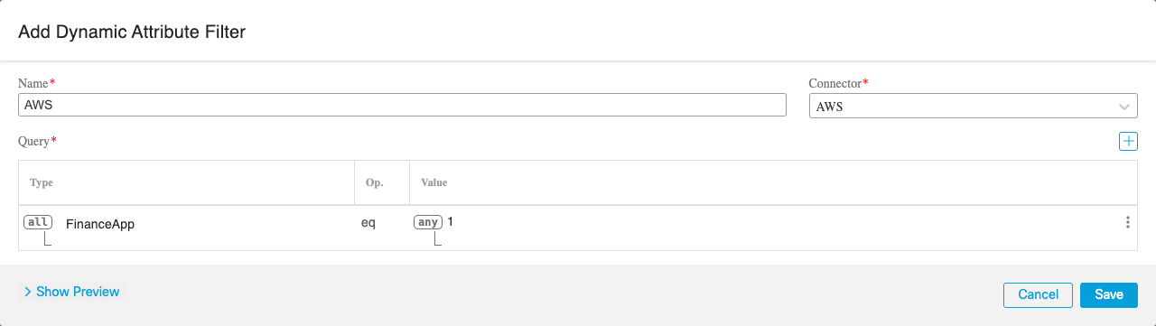 Sample Amazon Web Services dynamic attributes filter that finds a tag FinanceApp with a value of 1