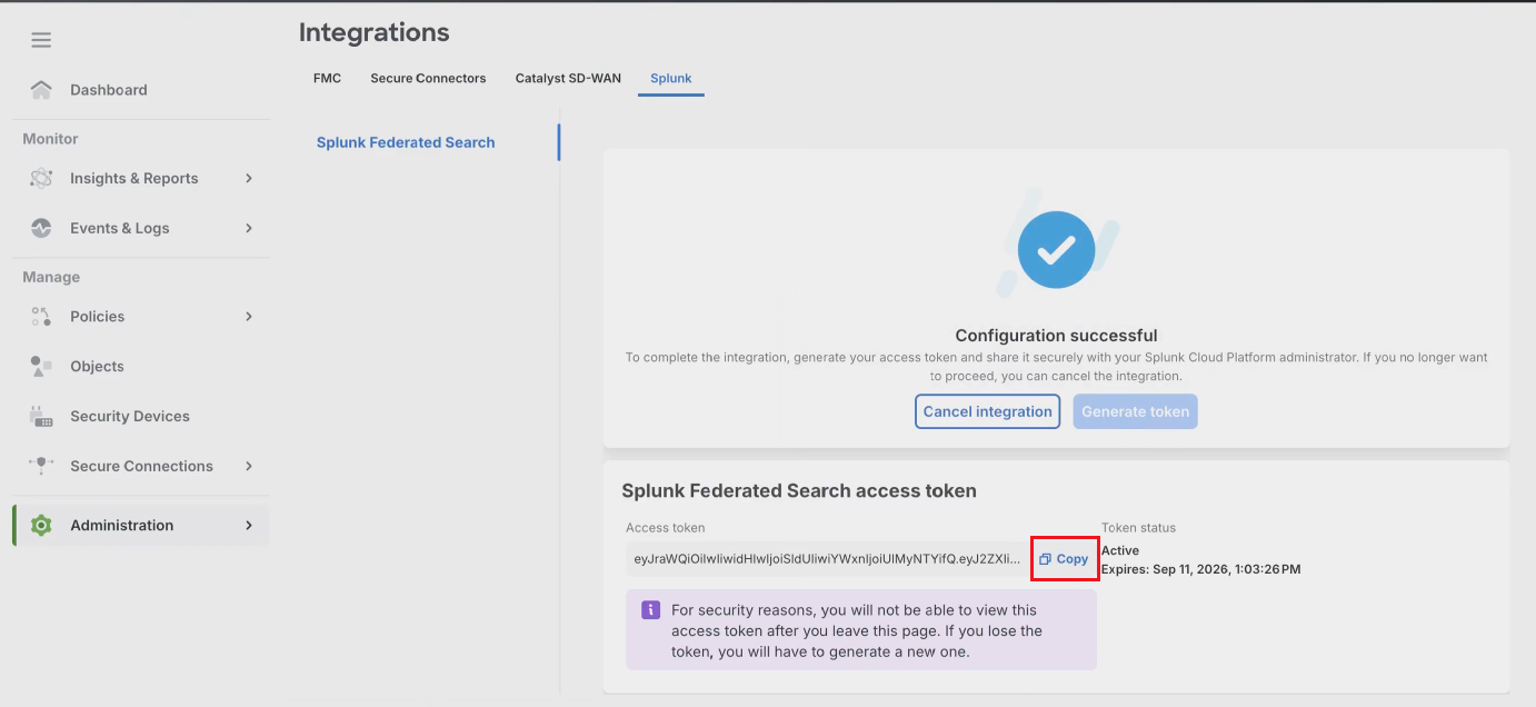 Splunk Federated Search access token screen