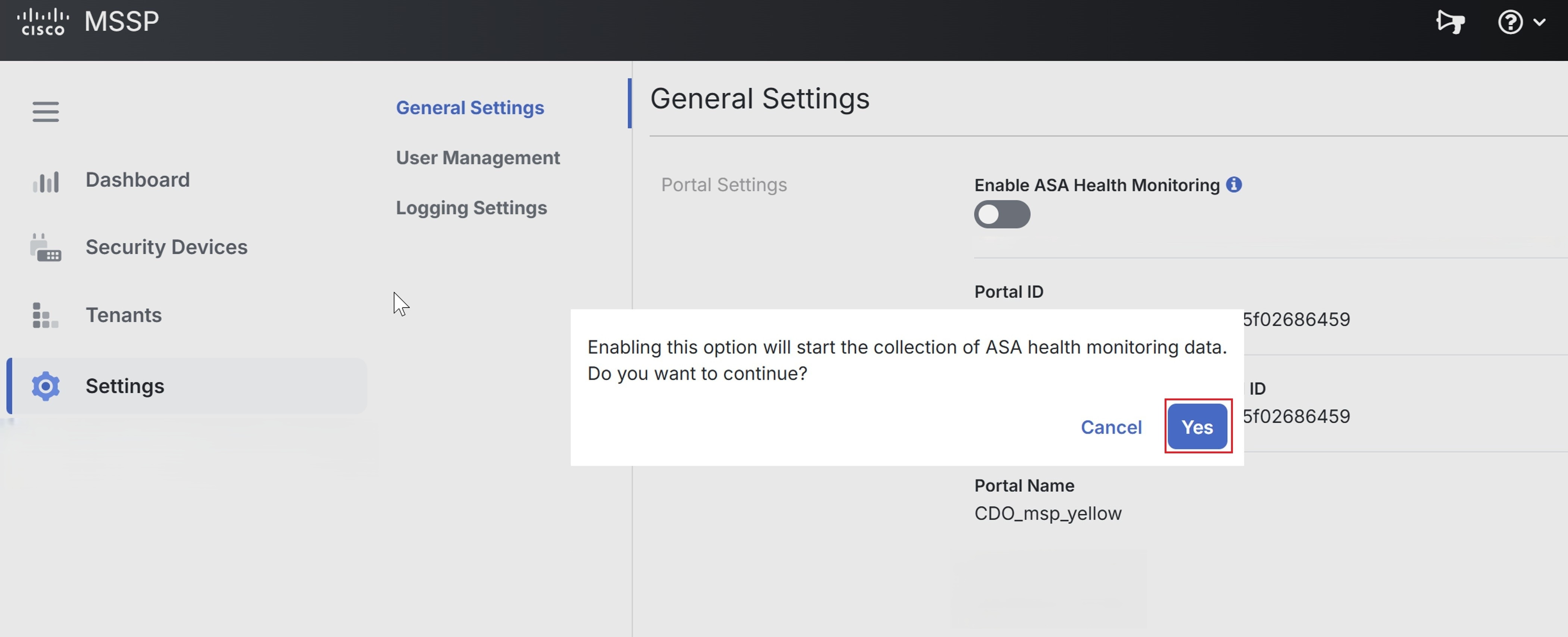 Screenshot showing the Enable ASA Health Monitoring toggle in Portal Settings