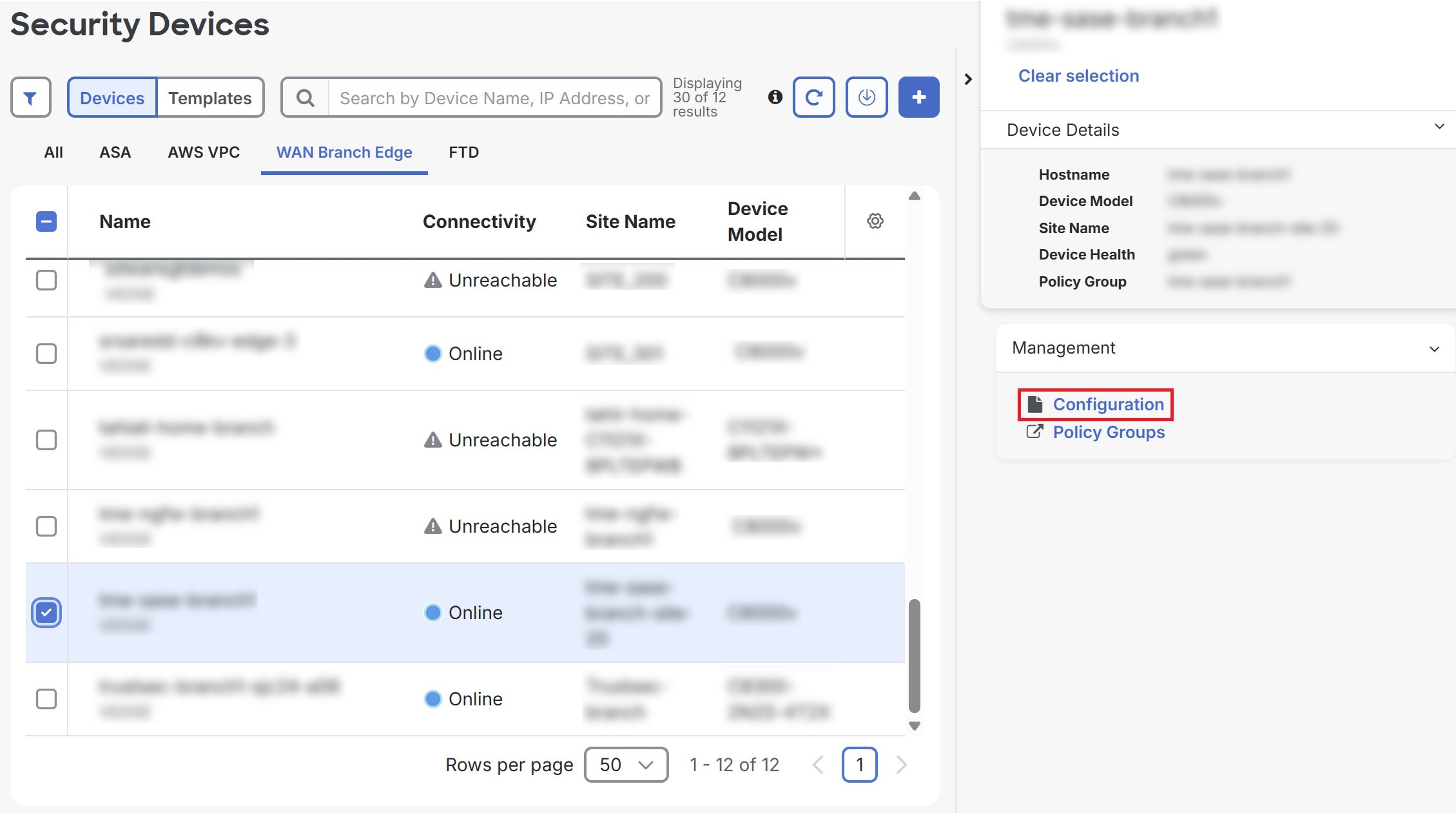 Screenshot of the Security Devices page showing the Configuration in the right window.