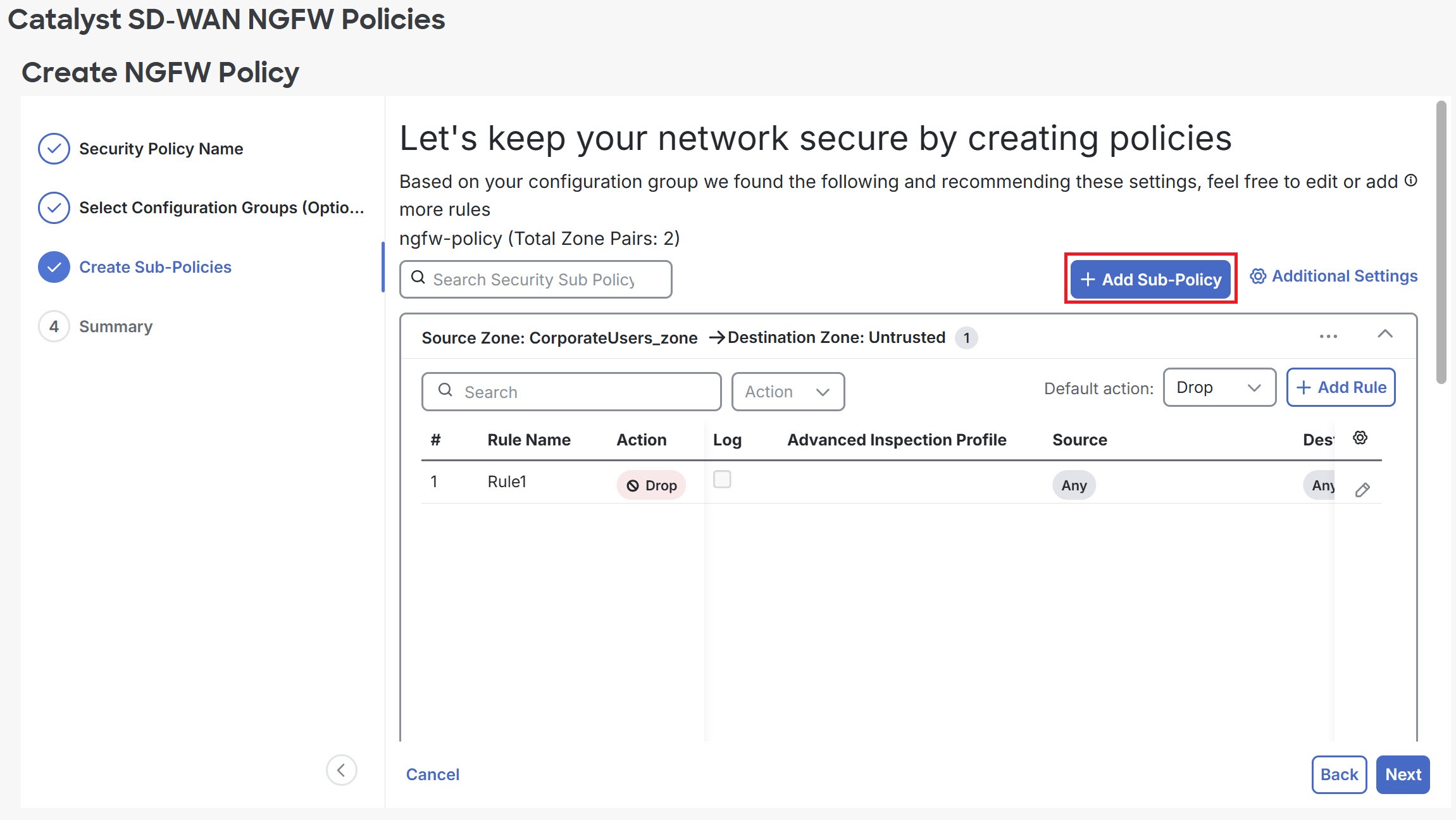 Screenshot of the Create NGFW Policy page showing the Create Sub-Policy tab.