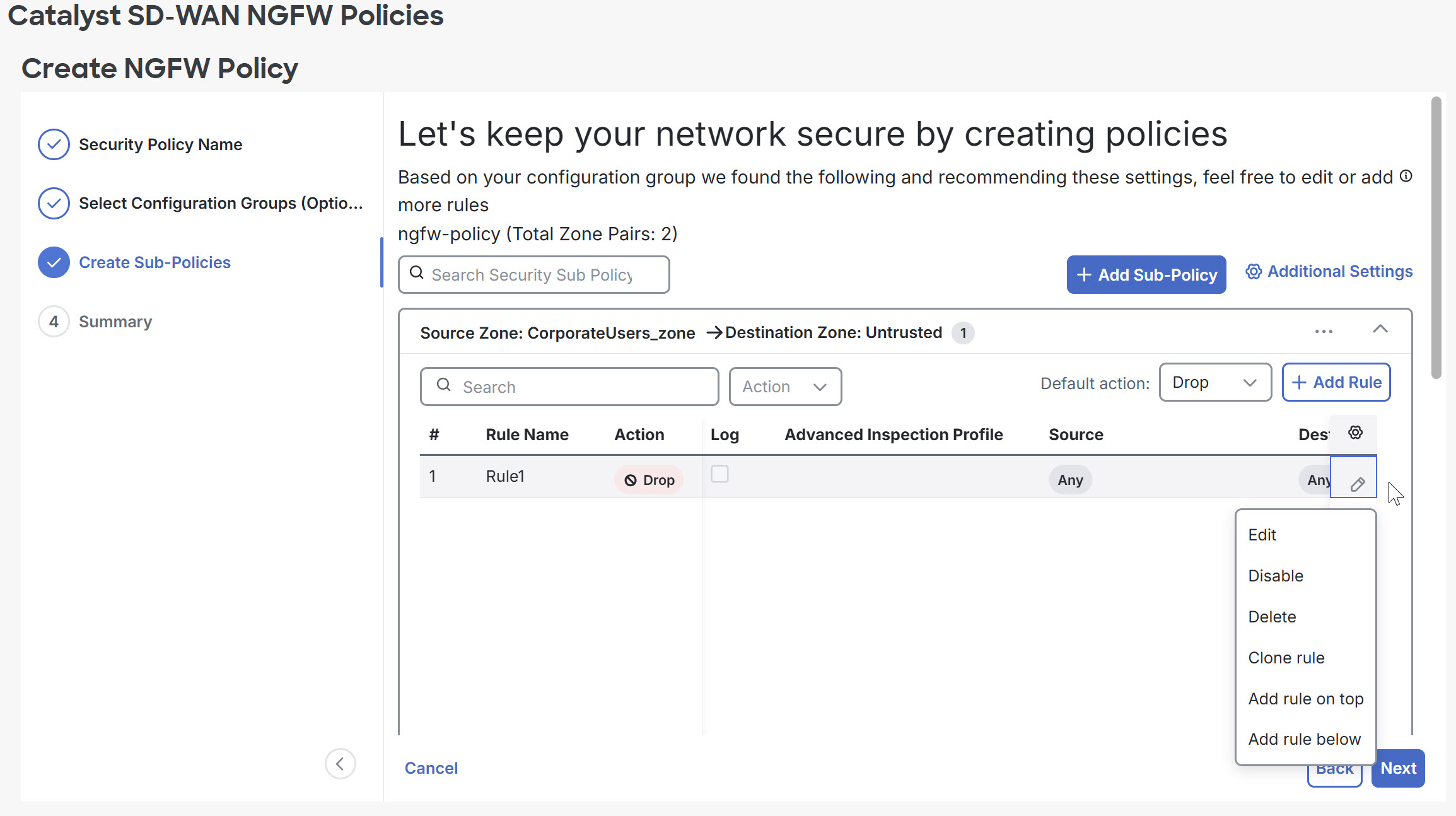 Screenshot of the Create NGFW Policy page showing the Create Sub-Policy tab.