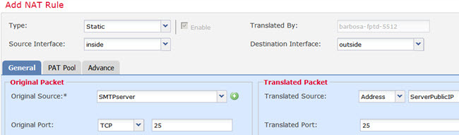 Static NAT rule for SMTP server.
