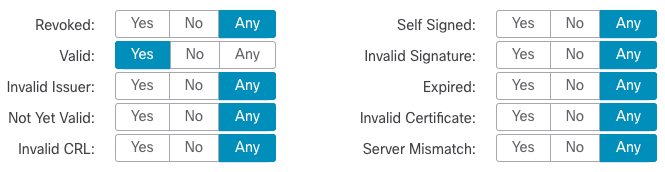 Example of SSL policy with rule condition that matches valid certificates not in a CRL with valid dates