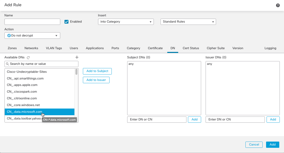 You can add an existing DN object, typically by its Common Name, by selecting it from the Available DNs field and then clicking either Add to Subject (the most common option) or Add to Issuer