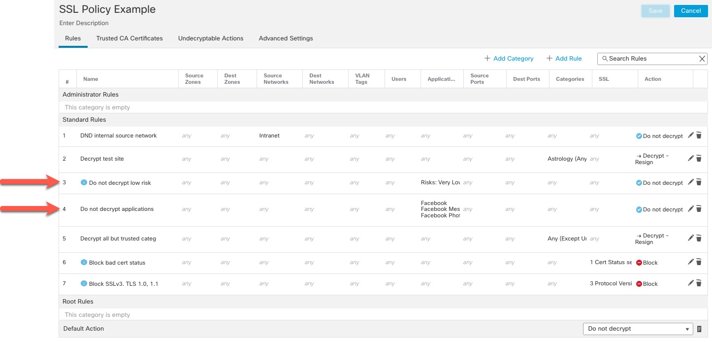 These sample rules allow without decryption traffic that matches low-risk categories, reputations, and applications.
