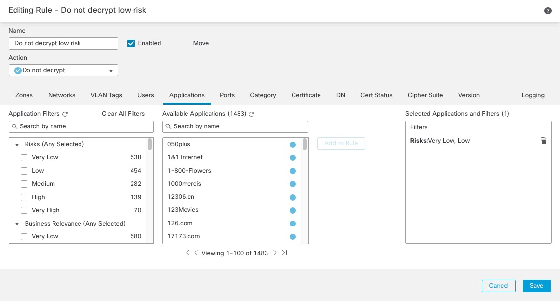 This sample rule specifies, on the Applications tab page, to match Low and Very Low risk categories.