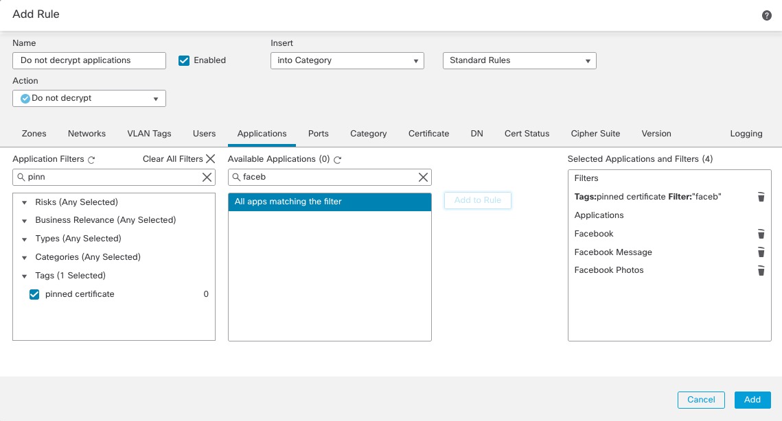 Also on the Applications tab page, you can specify applications you believe are low-risk; in this case, Facebook, Facebook Message, and Facebook Photos. You can also exclude from decryption any website that uses certificate pinning.