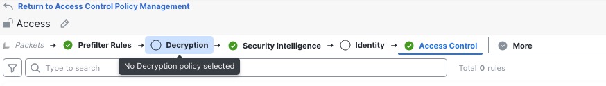 In the firewall management center, for the access control policy, click the word Decryption to select a decryption policy to associate