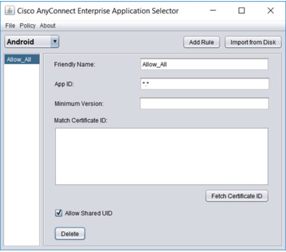 Screenshot of AnyConnect Enterprise Application Selector