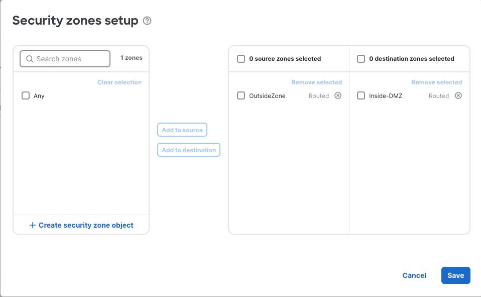 Sample inbound decryption policy that uses an outside security zone as the source and the inside or DMZ security zone as the destination.