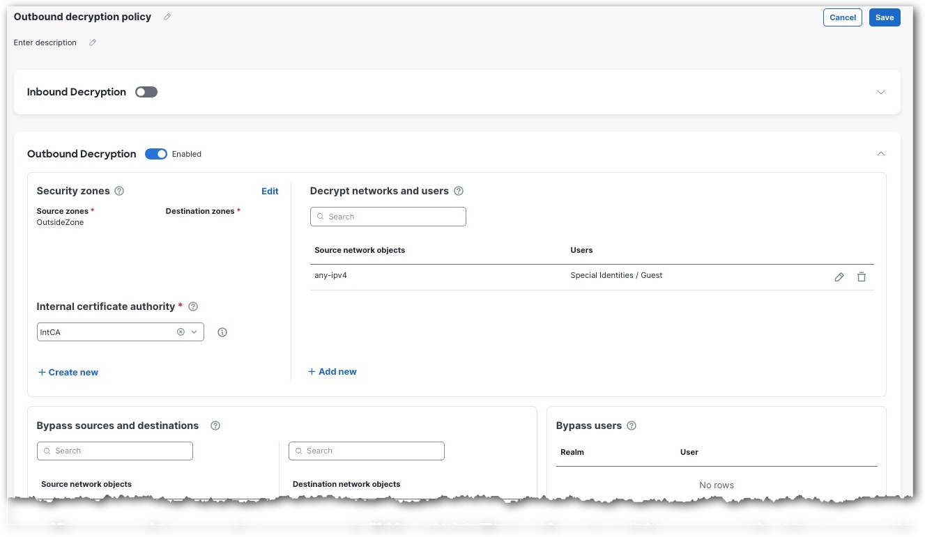 This sample decryption policy decrypts outbound traffic to an outside security zone for all Special Identities or Guest users.