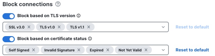 Example of blocking all traffic using unsecure ciphers like TLS 1.1 or unsafe certificate status like self-signed, expired, or not yet valid.