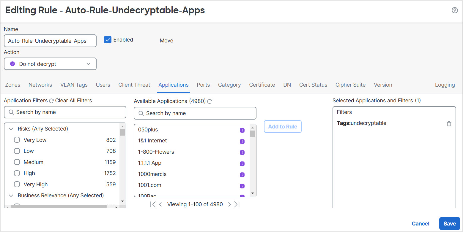 The decryption wizard creates a Do Not Decrypt rule to prevent traffic going to pinned certificate sites from being decrypted.