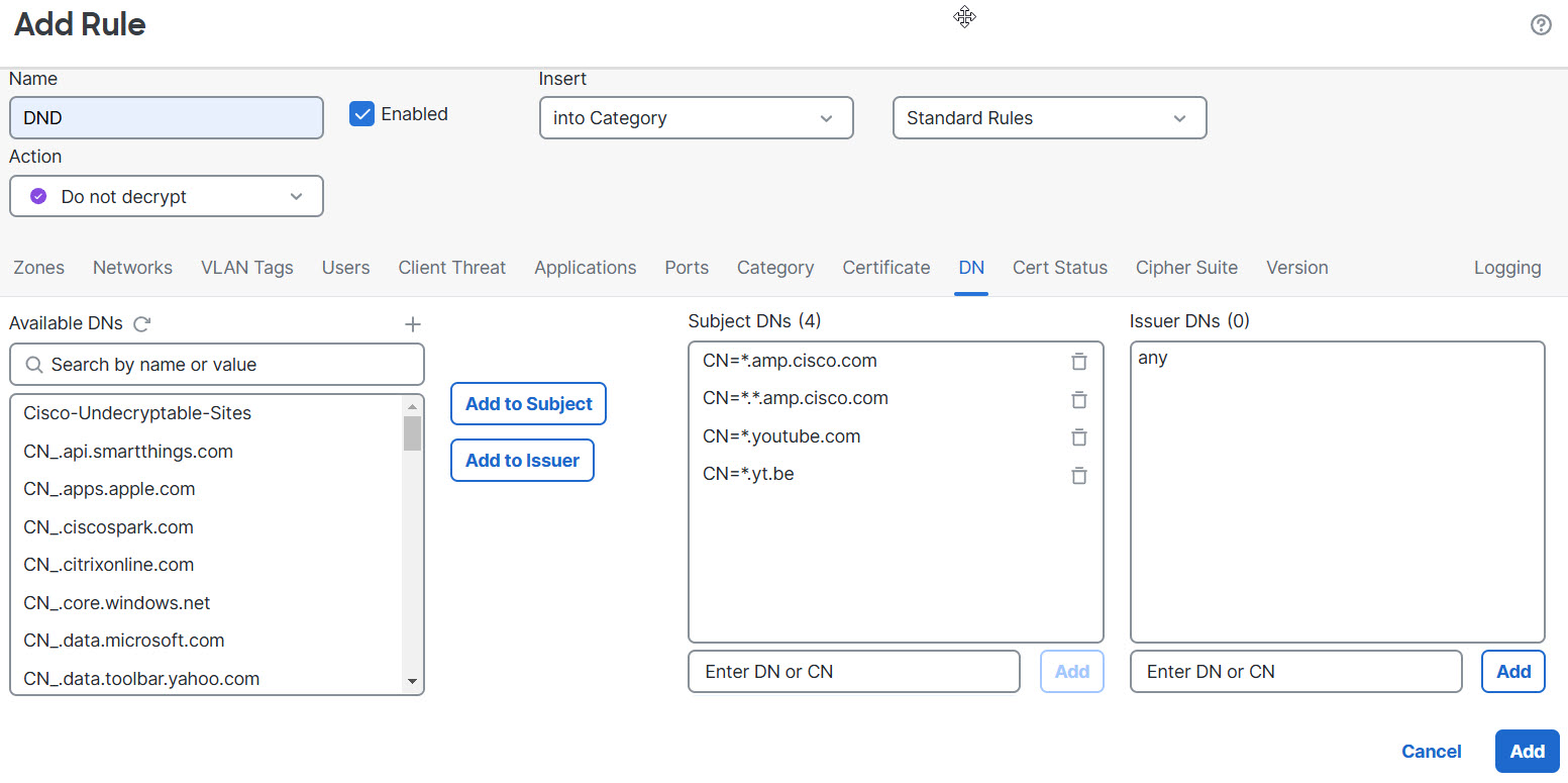 Example DN rule conditions