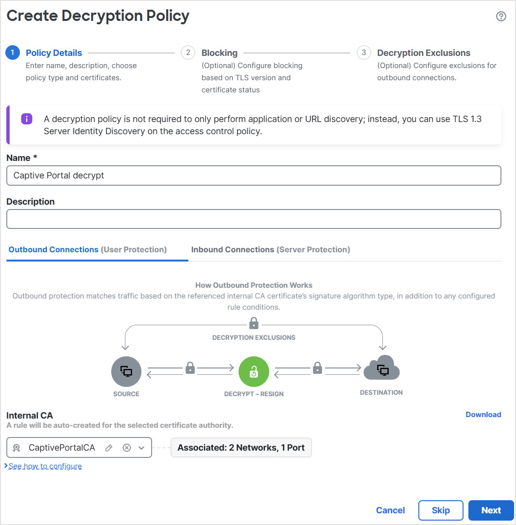 Create a decryption policy with an outbound rule (also referred to as a Decrypt-Resign rule)