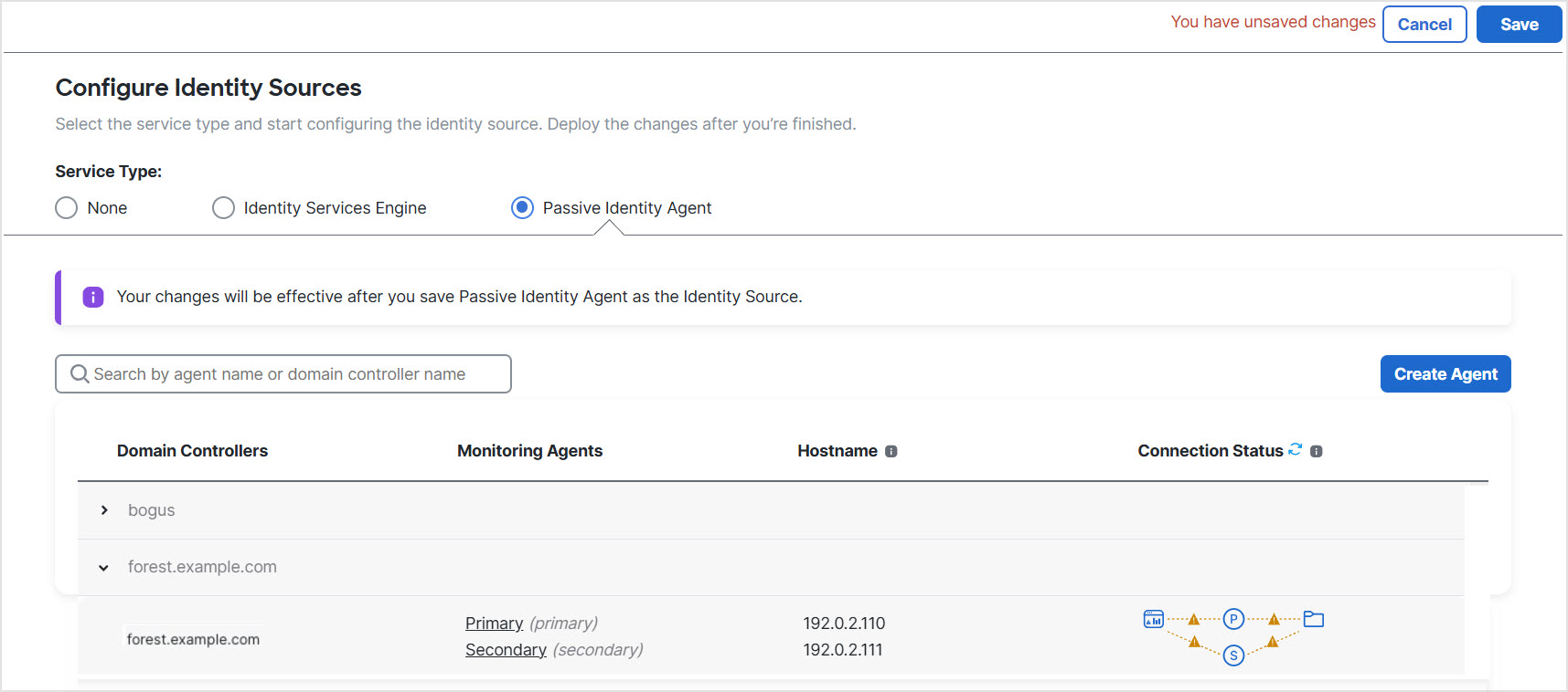 In this example, there is a primary and secondar passive identity agent monitoring the domain forest.example.com.