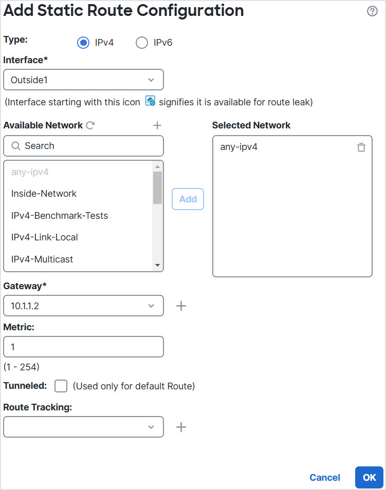 Static route for outside1