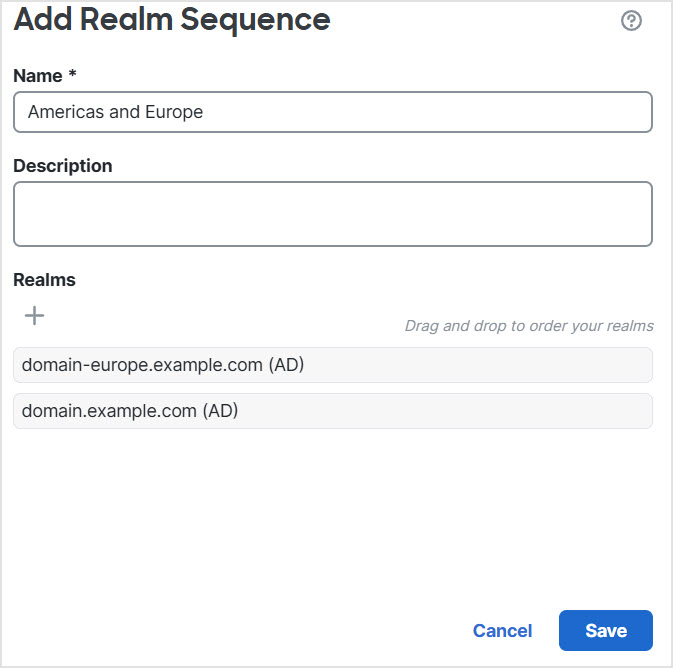 How to create a realm sequence consisting of two realms. If used in an identity policy, this configuration causes the system to look in the first realm listed in the dialog box; if users are not found, the system looks in the other realms in the order listed.