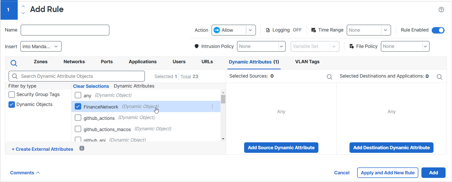 Configure Dynamic Attributes created using the dynamic attributes connector as dynamic objects in access control rules. Use those exactly as you would network objects.