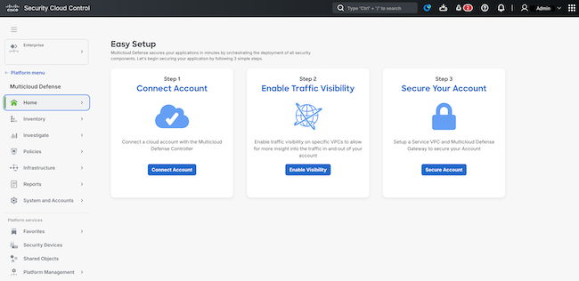 The Easy Setup wizard guides you through steps to connect an account, enable visibility, and secure the account.