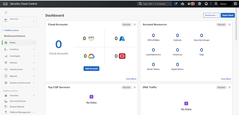 The dashboard displays widgets for cloud accounts, account resources, CSP services, traffic, logs, and more.